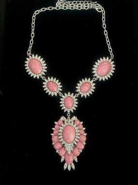 Faux Pink Turquoise, Clear Rhinestones Bib Statement Silvertone Necklace 21"